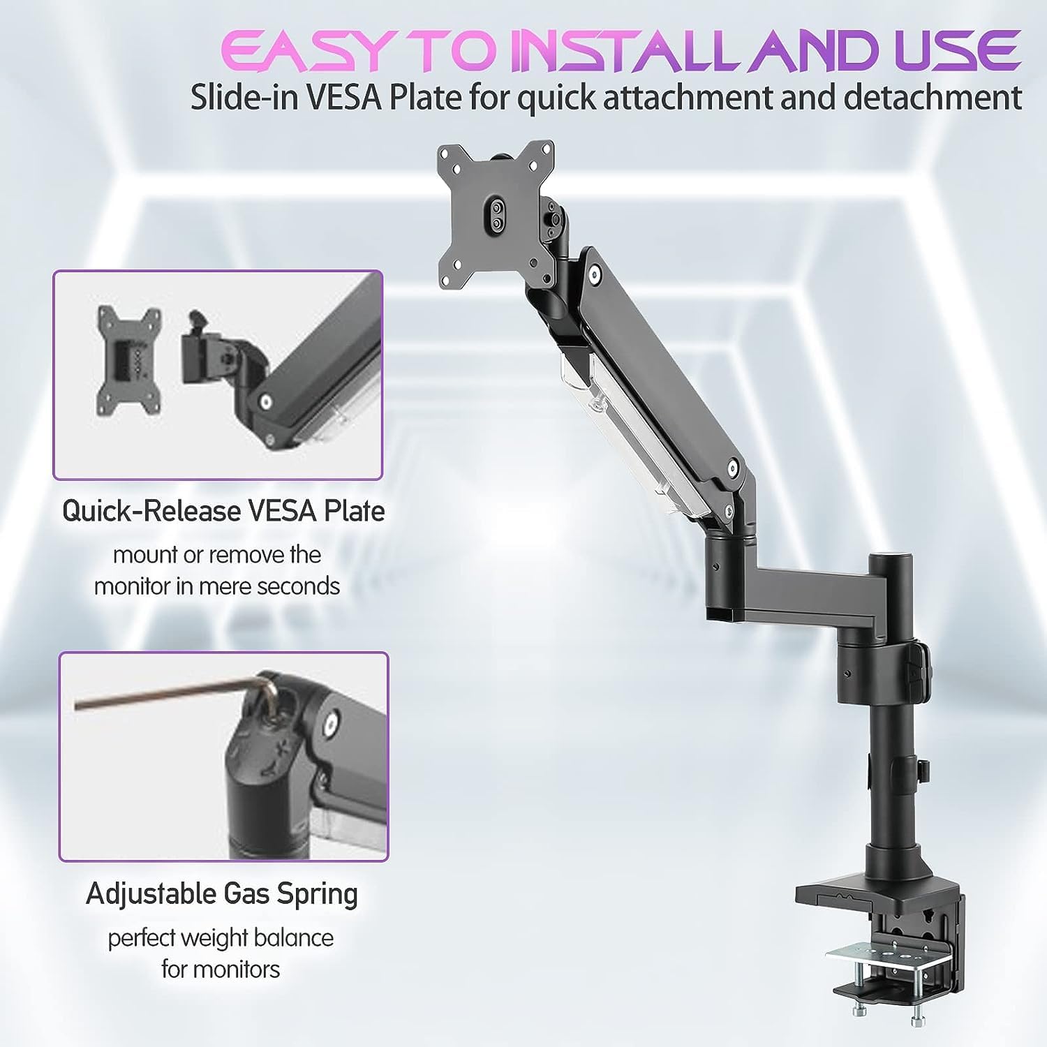 GAMEON GO-2083 Pole-Mounted Aluminum Heavy-Duty Spring-Assisted Single Monitor Arm For Gaming And Office Use, 17 GAMEON GO-2083 Pole-Mounted Aluminum Heavy-Duty Spring-Assisted Single Monitor Arm For Gaming And Office Use, 17